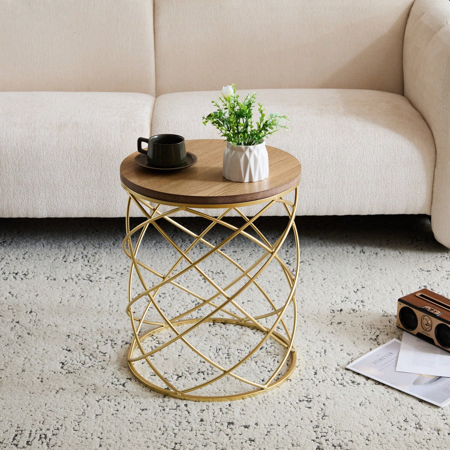 Elegant Golden Side Table With MDF Top And Sturdy Metal Frame For Modern Decor