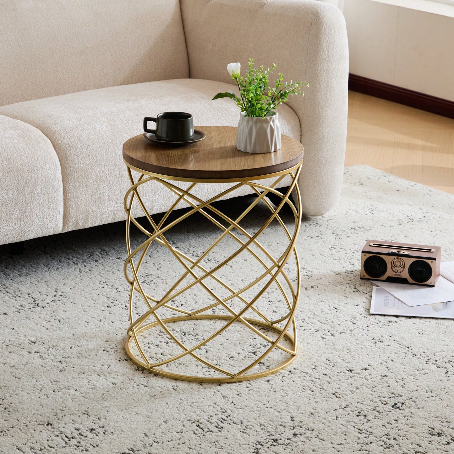 Elegant Golden Side Table With MDF Top And Sturdy Metal Frame For Modern Decor