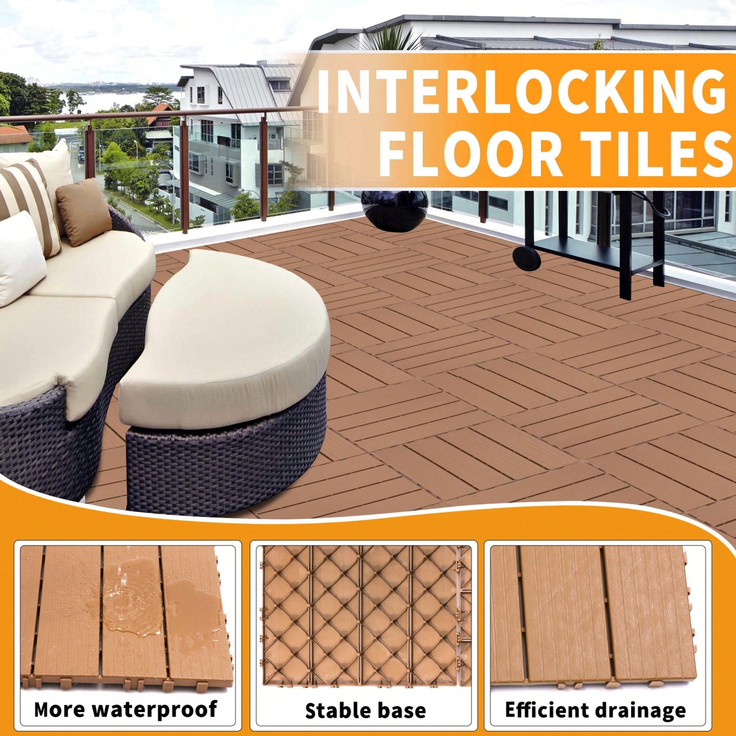 Pack Of 44 Outdoor Waterproof Interlocking Plastic Deck Tiles For Garden Poolside Patio Flooring 11.8x11.8 Burlywood