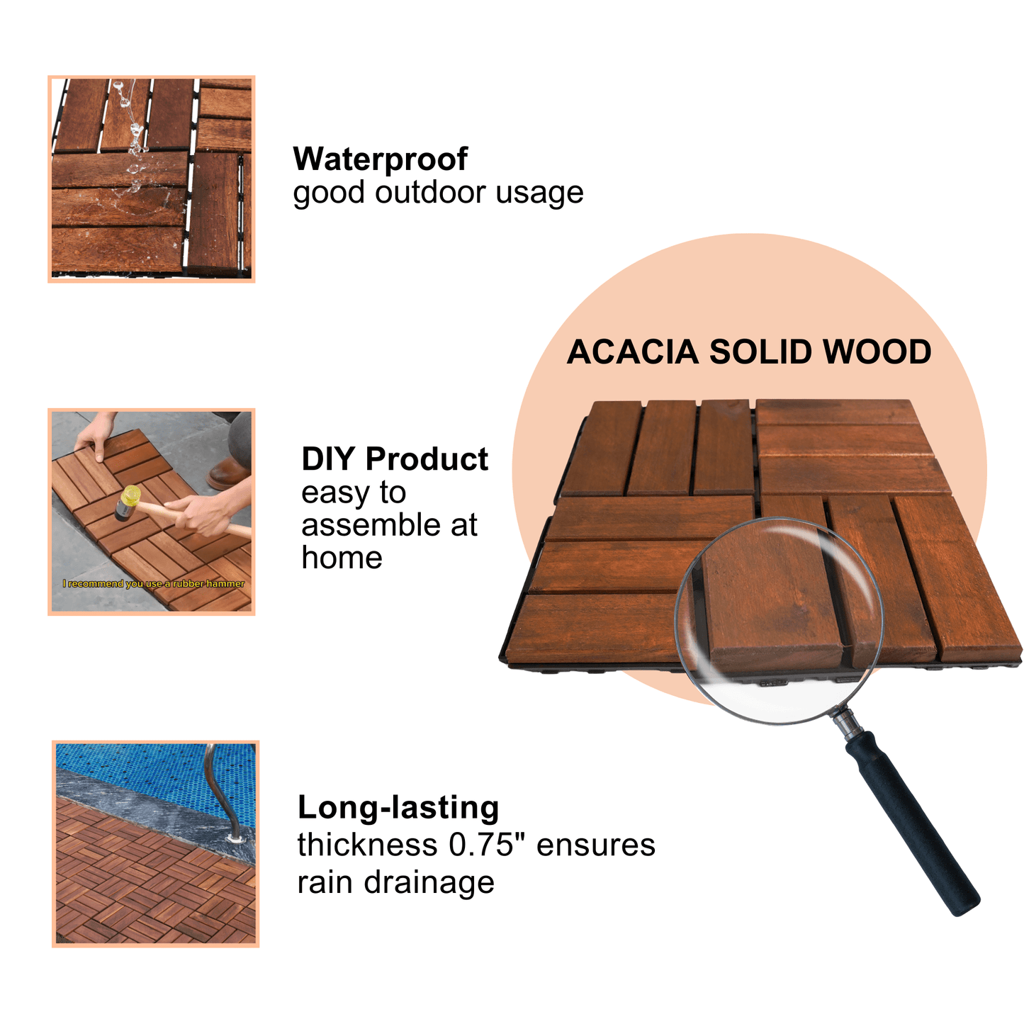 Acacia Wood Interlocking Deck Tiles 30 PCS 12x12 Square Outdoor Flooring For Patio Balcony Poolside