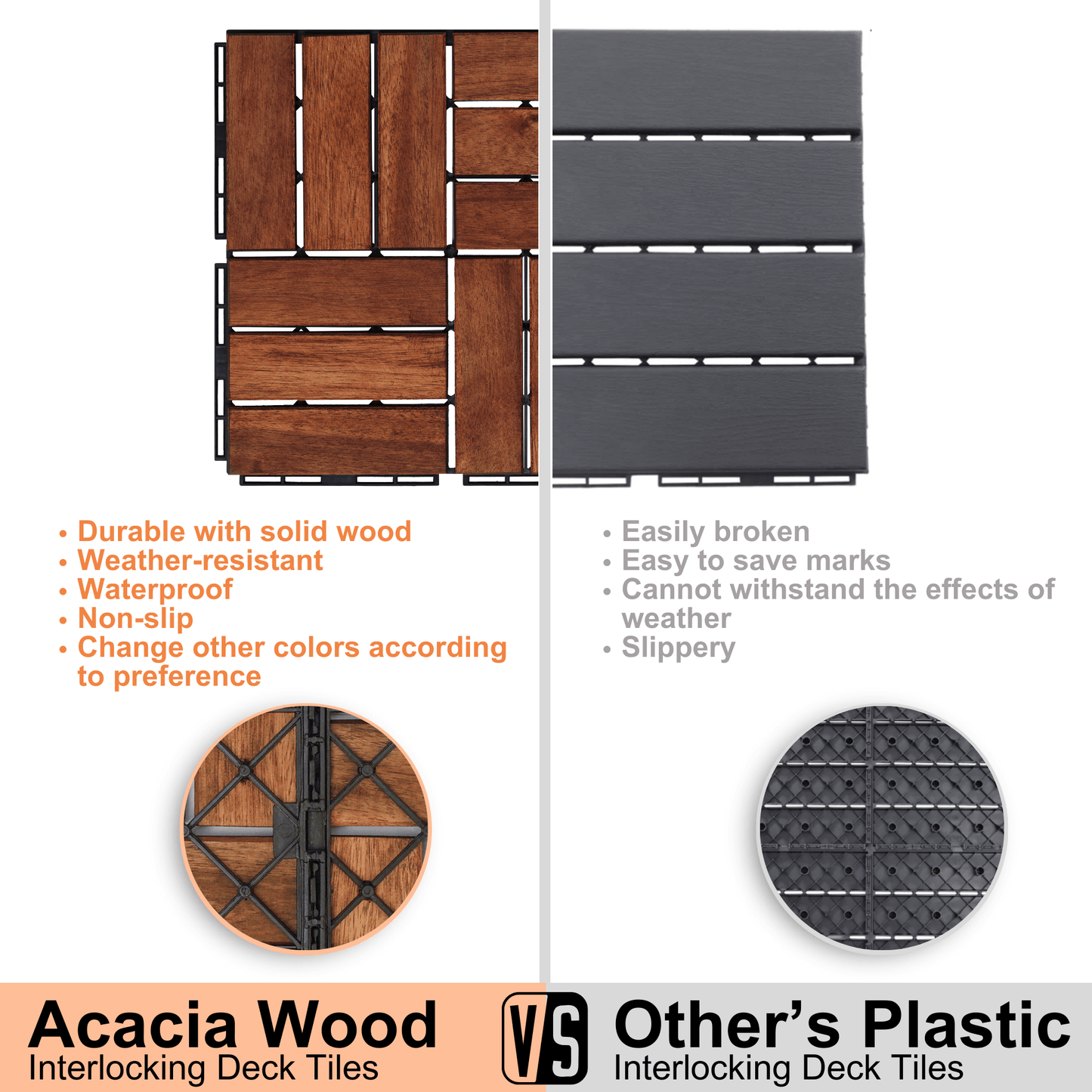 Acacia Wood Interlocking Deck Tiles 30 PCS 12x12 Square Outdoor Flooring For Patio Balcony Poolside