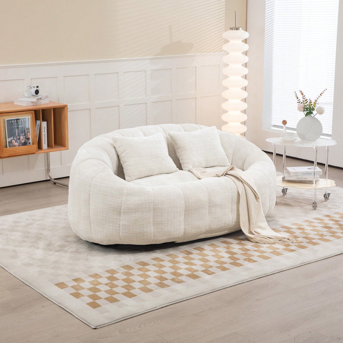 Durable High Back Bean Bag Sofa For Adults And Kids Comfortable Lounger Indoor Outdoor Accent Floor Chair Beige Chenille