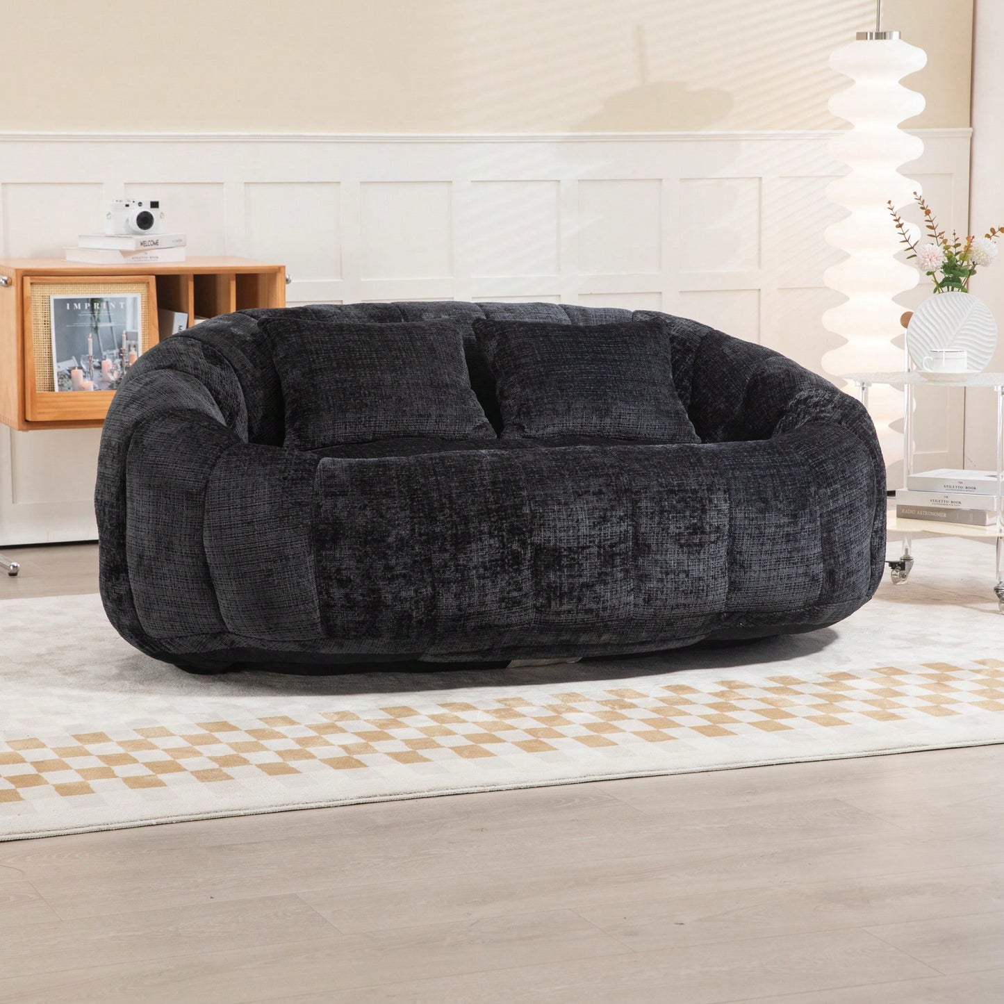 Durable High Back Bean Bag Sofa For Adults And Kids Comfortable Lounger Indoor Outdoor Accent Floor Chair Beige Chenille