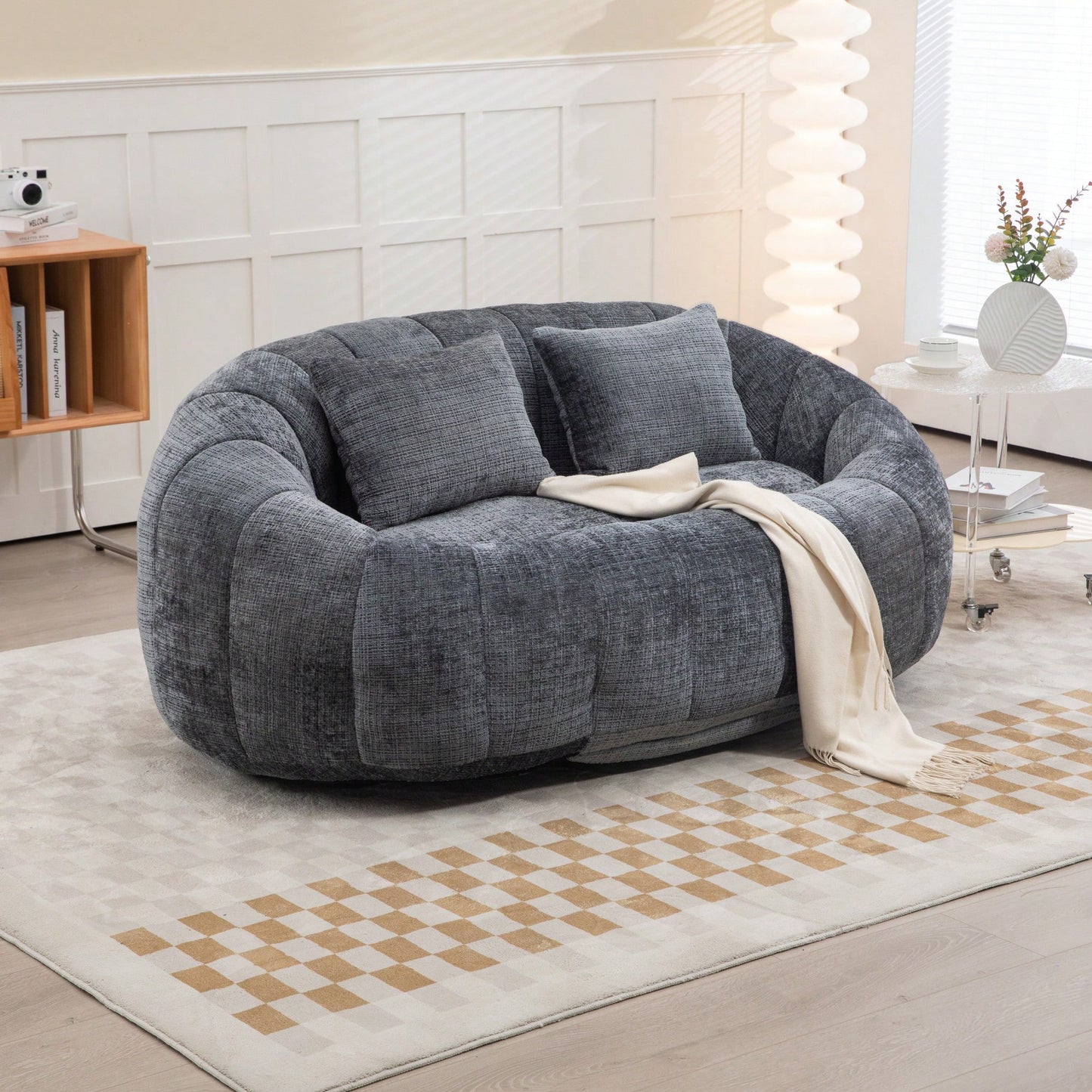 Durable High Back Bean Bag Sofa For Adults And Kids Comfortable Lounger Indoor Outdoor Accent Floor Chair Beige Chenille