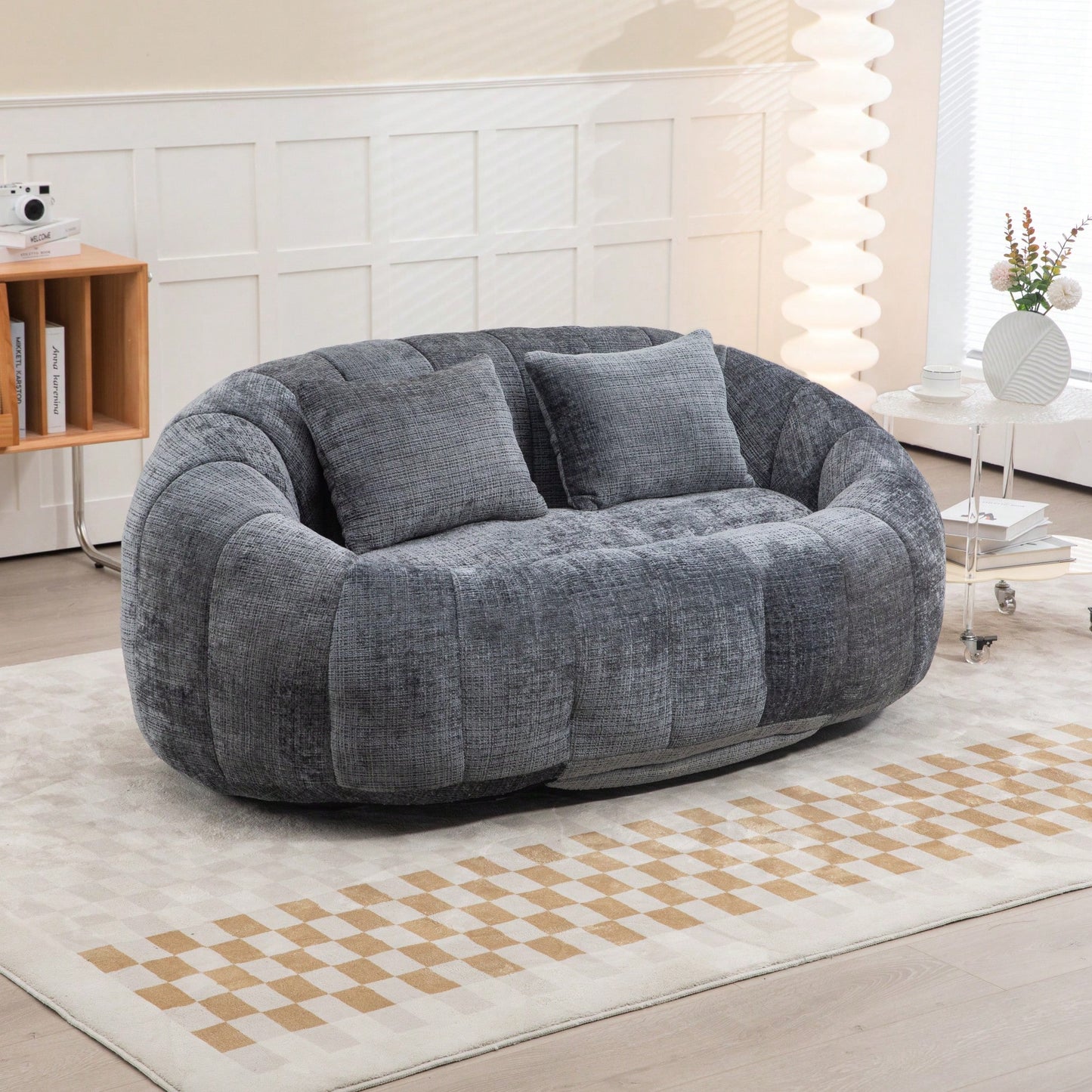 Durable High Back Bean Bag Sofa For Adults And Kids Comfortable Lounger Indoor Outdoor Accent Floor Chair Beige Chenille