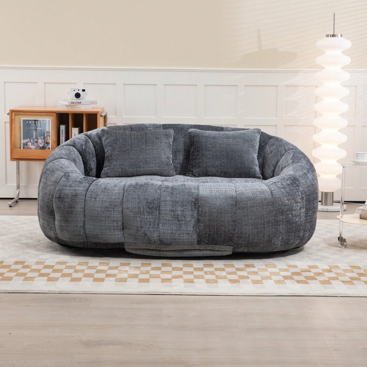 Durable High Back Bean Bag Sofa For Adults And Kids Comfortable Lounger Indoor Outdoor Accent Floor Chair Beige Chenille