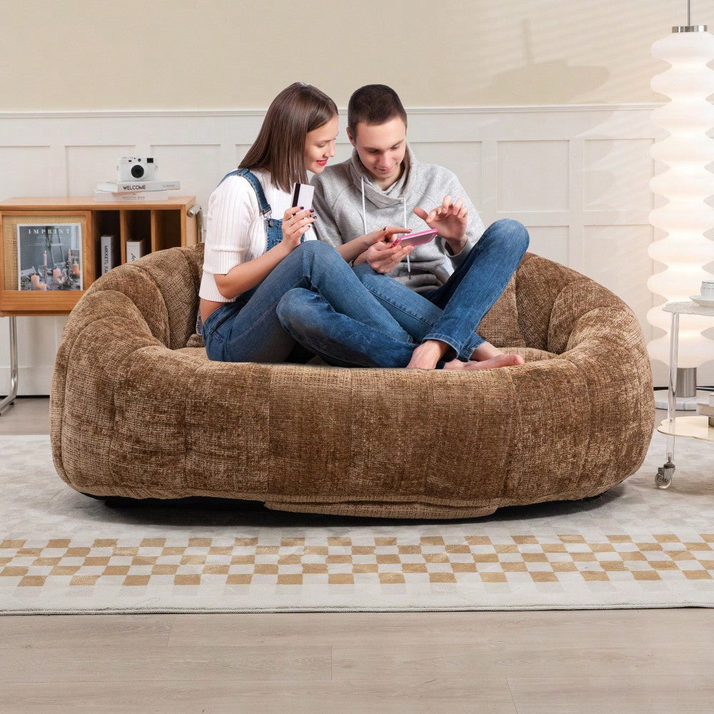 Durable High Back Bean Bag Sofa For Adults And Kids Comfortable Lounger Indoor Outdoor Accent Floor Chair Beige Chenille