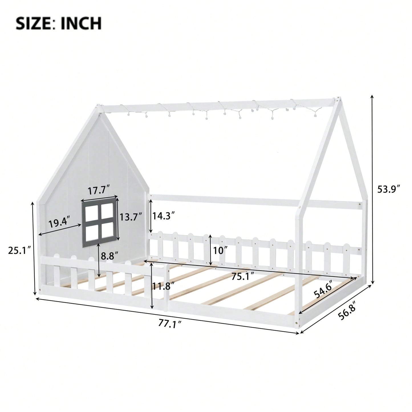 Full Size Wooden House Bed With Window And Fence Design Gray