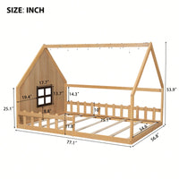 Full Size Wooden House Bed With Window And Fence Design Gray