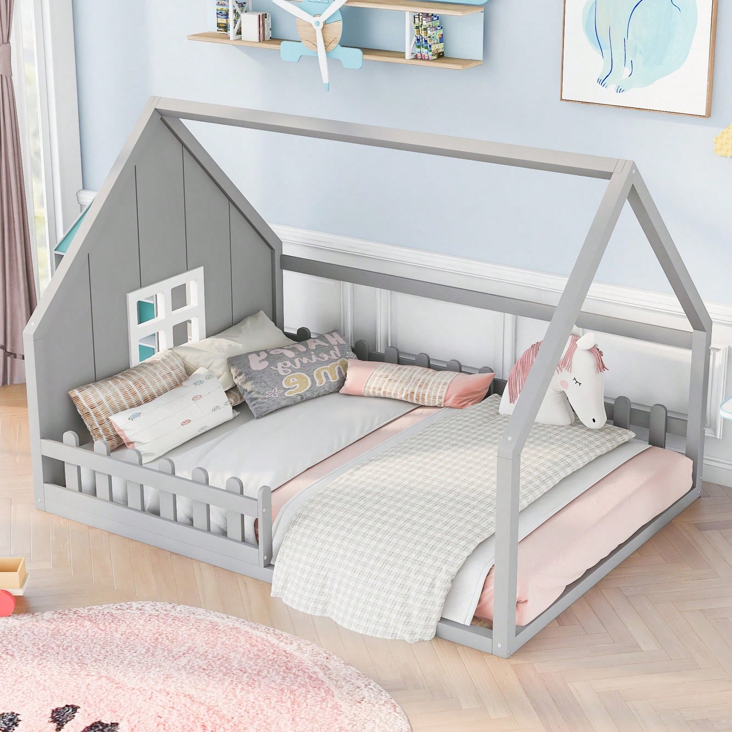 Full Size Wooden House Bed With Window And Fence Design Gray