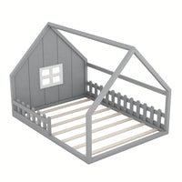 Full Size Wooden House Bed With Window And Fence Design Gray