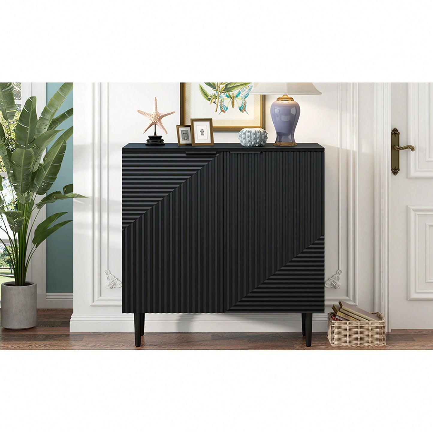 Modern Minimalist Side Cabinet With Adjustable Shelves And Geometric Door Design For Stylish Home Storage