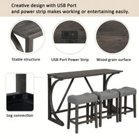 4-Piece Dark Gray Bar Table Set With Power Outlet And 3 Padded Stools For Dining Room Living Room Game Room