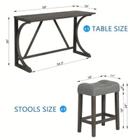 4-Piece Dark Gray Bar Table Set With Power Outlet And 3 Padded Stools For Dining Room Living Room Game Room