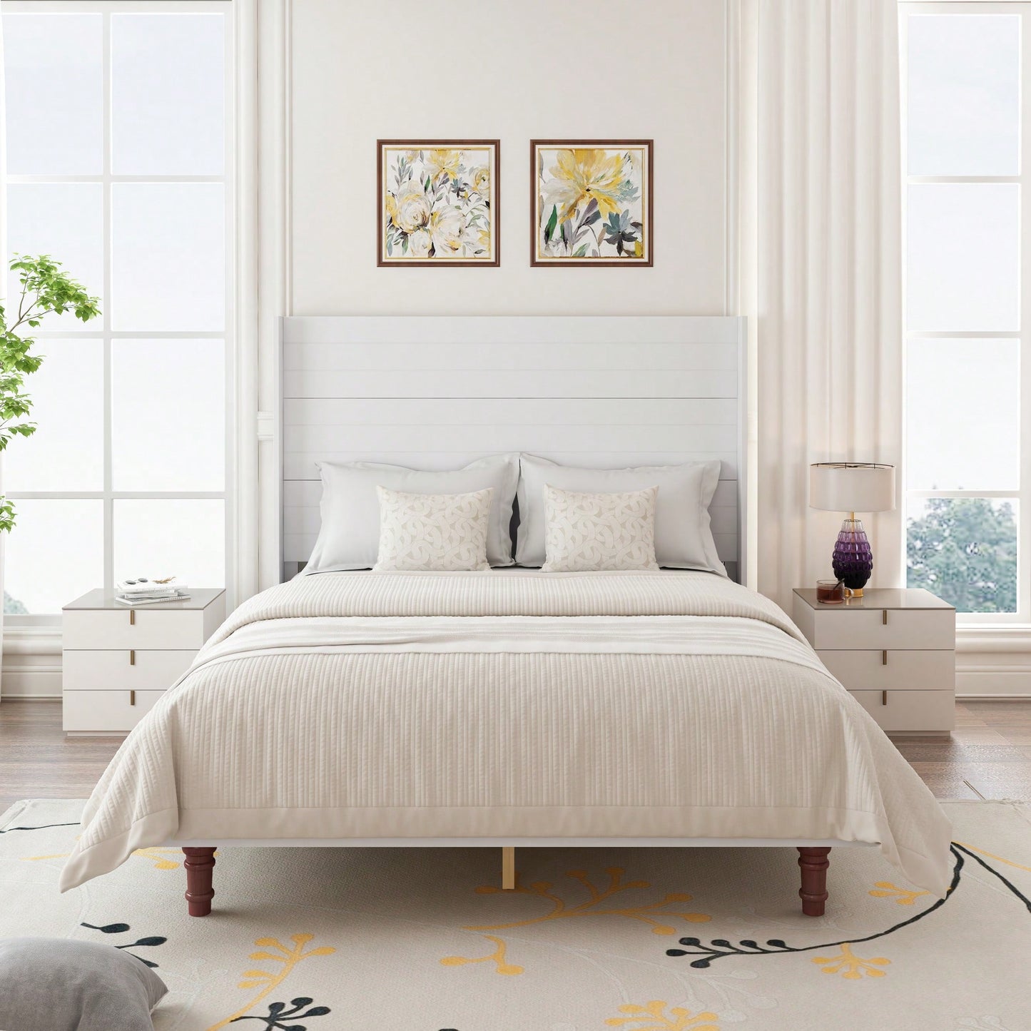 Elegant Queen Size Bed With 54 Inch High Headboard For Comfort And Style Ideal For Reading And Relaxing In Beige