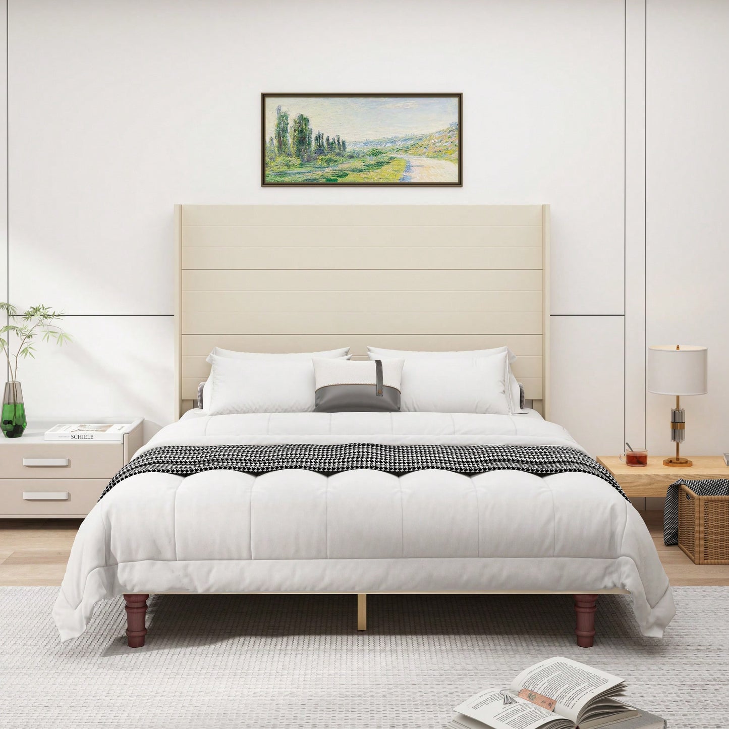 Elegant Queen Size Bed With 54 Inch High Headboard For Comfort And Style Ideal For Reading And Relaxing In Beige