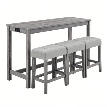 Industrial 4 Piece Bar Table Set With Power Outlet For Dining Room Living Room Game Room