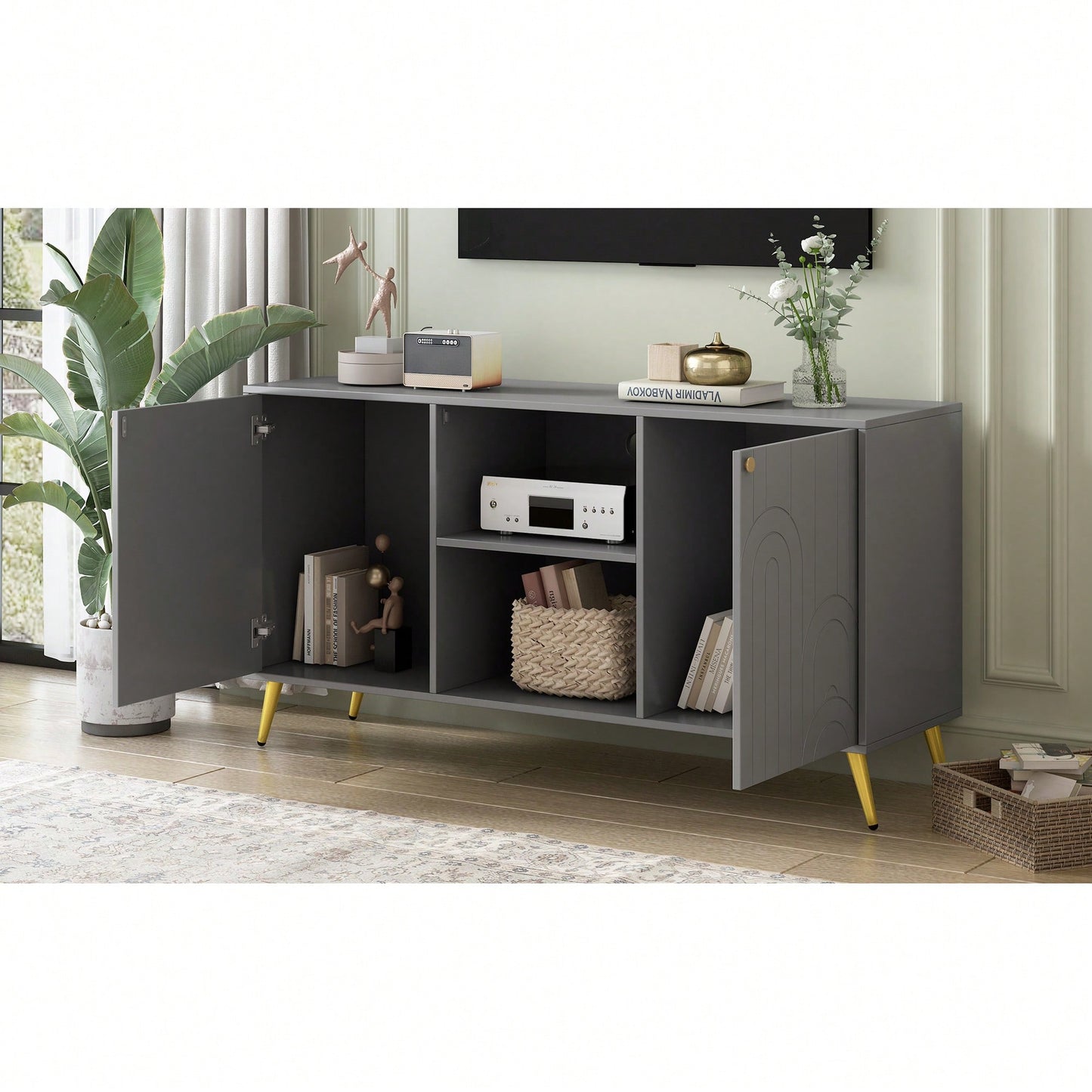 Modern TV Stand For TVs Up To 55 Inches Entertainment Center Media Console Adjustable Shelves Metal Legs Anti-Tip Device For Living Room