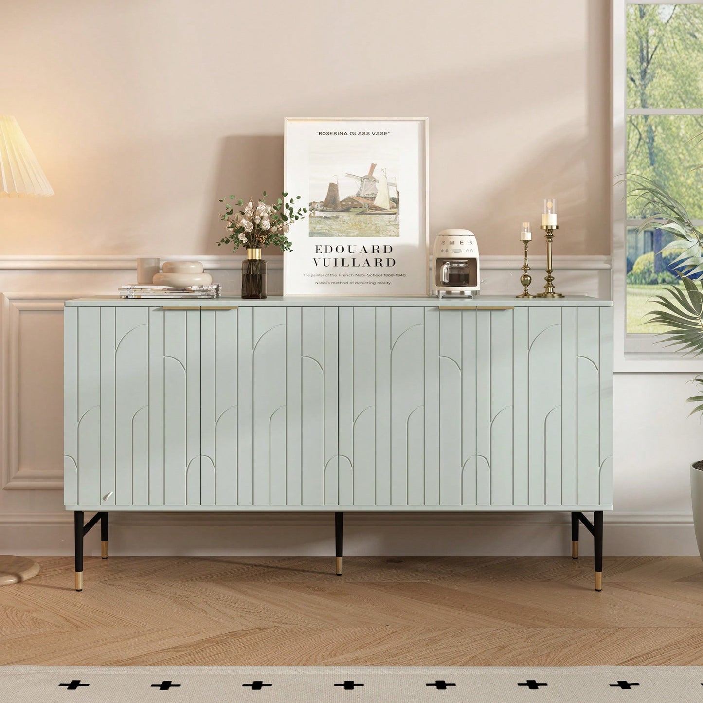 Modern Gray Sideboard Buffet Cabinet With 4 Doors For Living Room And Dining Room Storage