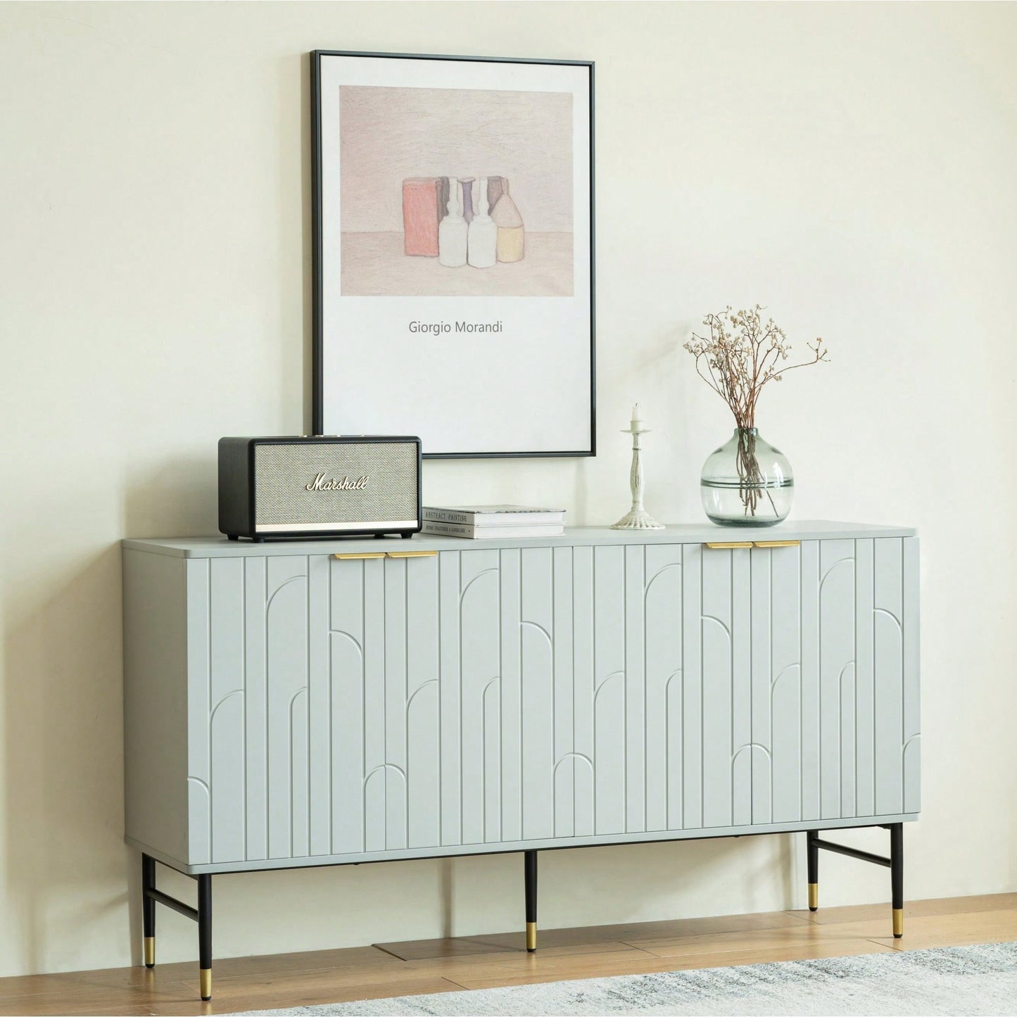 Modern Gray Sideboard Buffet Cabinet With 4 Doors For Living Room And Dining Room Storage