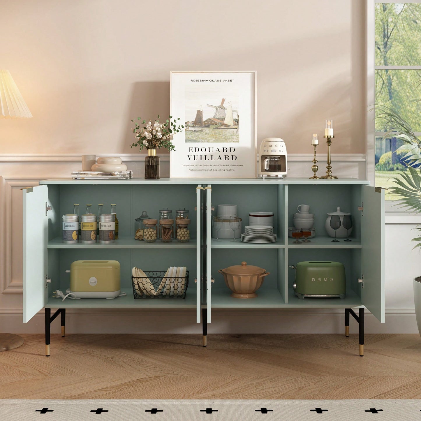 Modern Gray Sideboard Buffet Cabinet With 4 Doors For Living Room And Dining Room Storage