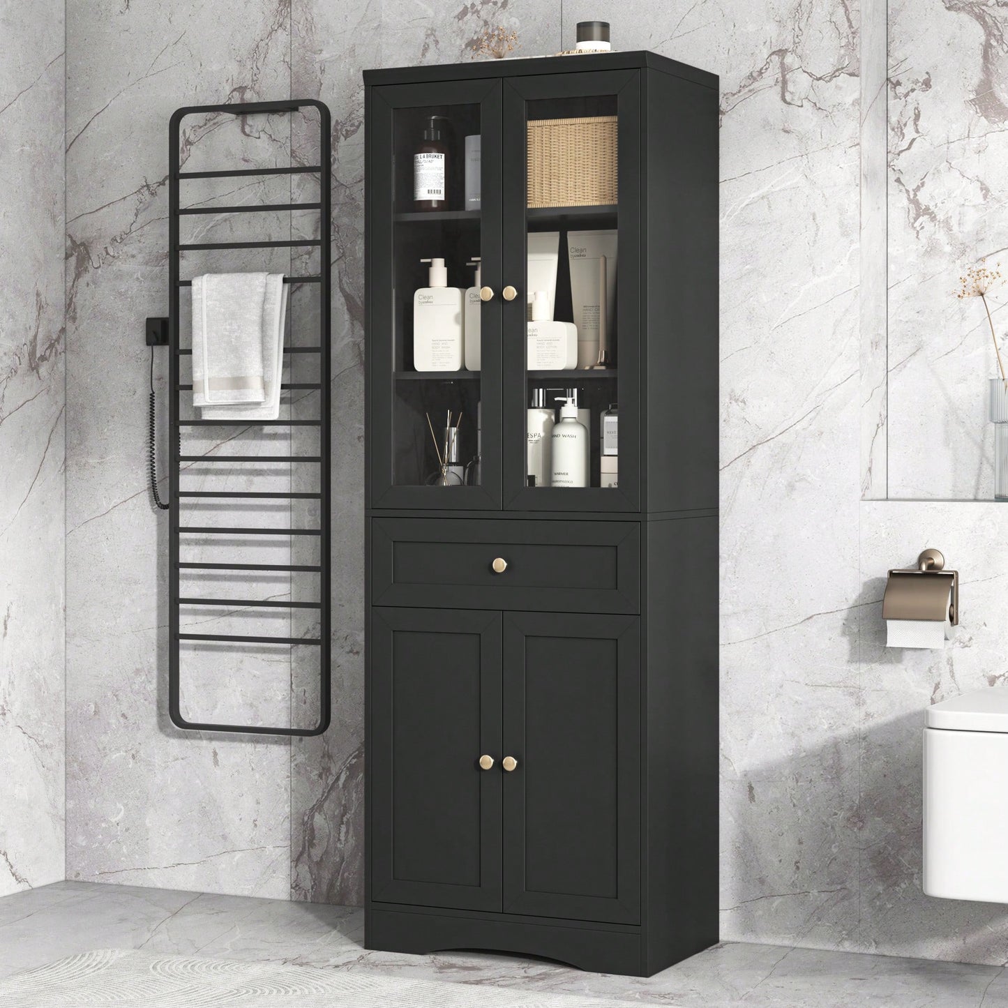 Elegant Tall Bathroom Storage Cabinet With Four Doors And Drawers Adjustable Shelf Stylish MDF Design Black Finish