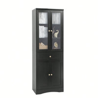 Elegant Tall Bathroom Storage Cabinet With Four Doors And Drawers Adjustable Shelf Stylish MDF Design Black Finish