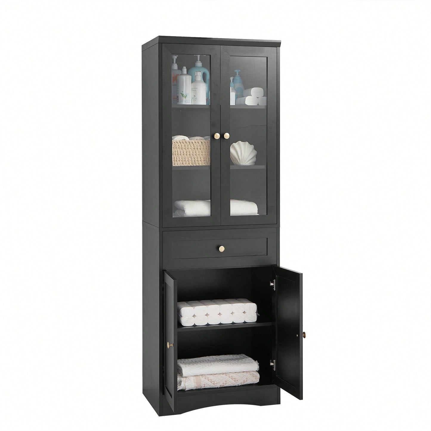 Elegant Tall Bathroom Storage Cabinet With Four Doors And Drawers Adjustable Shelf Stylish MDF Design Black Finish