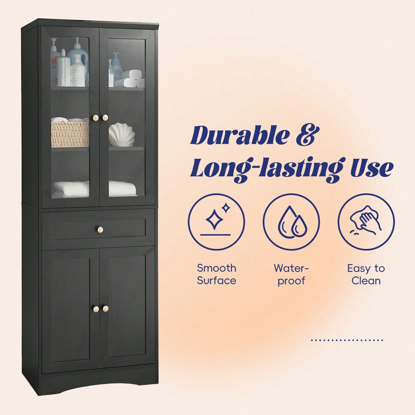 Elegant Tall Bathroom Storage Cabinet With Four Doors And Drawers Adjustable Shelf Stylish MDF Design Black Finish