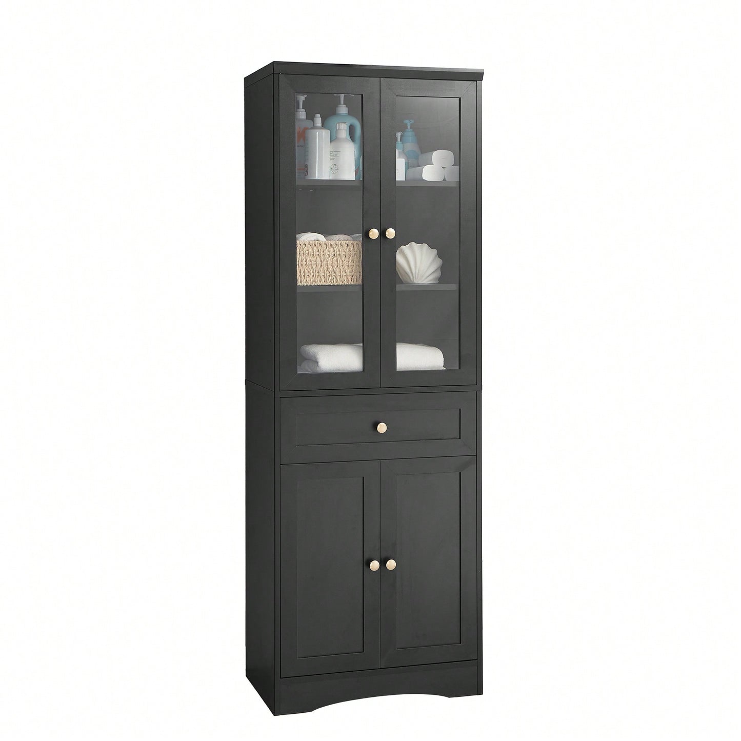 Elegant Tall Bathroom Storage Cabinet With Four Doors And Drawers Adjustable Shelf Stylish MDF Design Black Finish