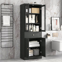 Elegant Tall Bathroom Storage Cabinet With Four Doors And Drawers Adjustable Shelf Stylish MDF Design Black Finish