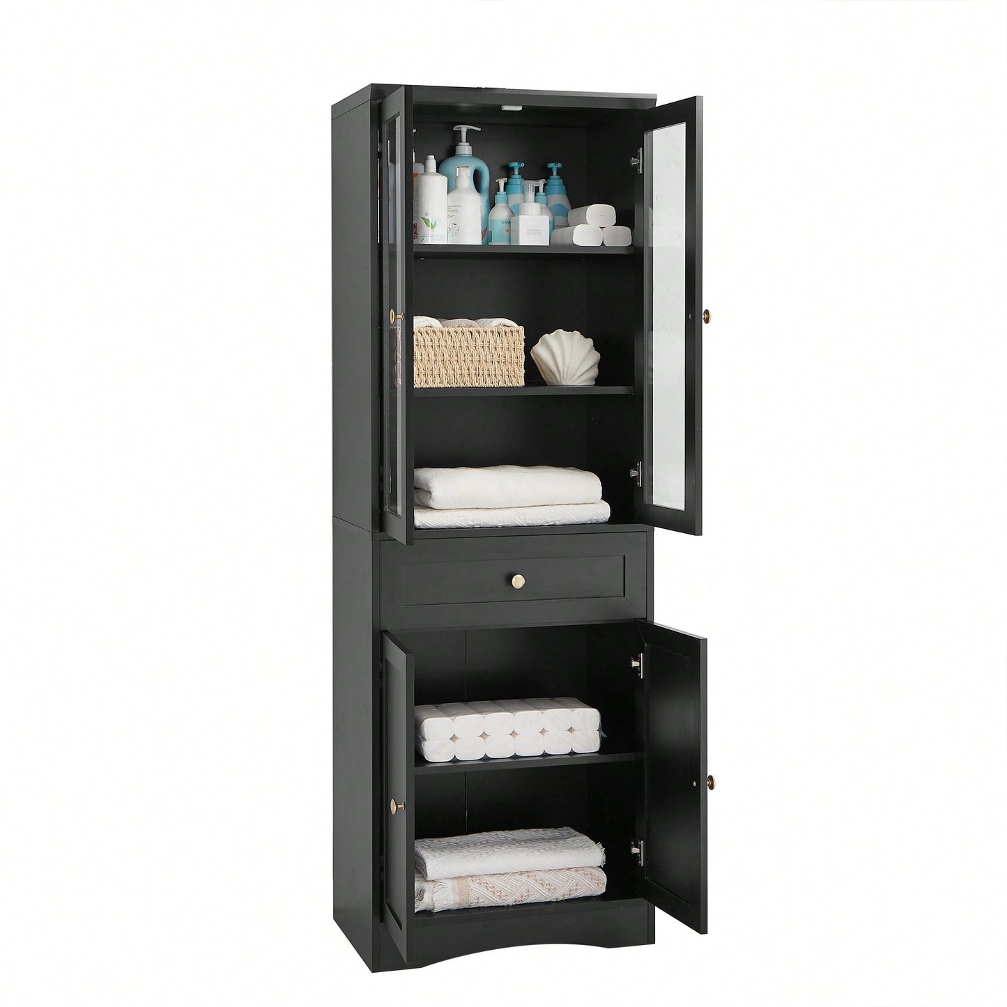 Elegant Tall Bathroom Storage Cabinet With Four Doors And Drawers Adjustable Shelf Stylish MDF Design Black Finish