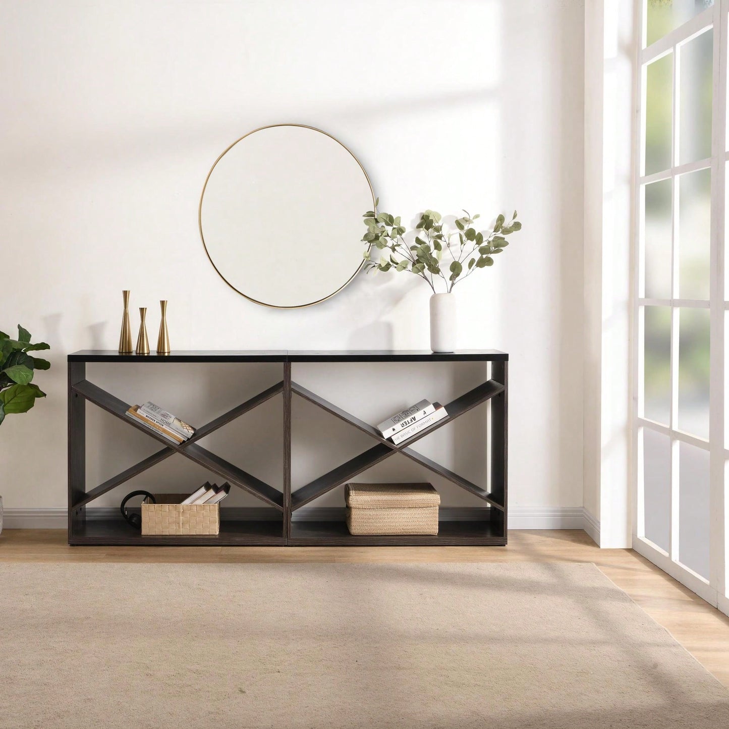 Extra Long X Shape Farmhouse Console Table With Storage For Entryway Living Room Foyer Hallway Black 70.87 Inch