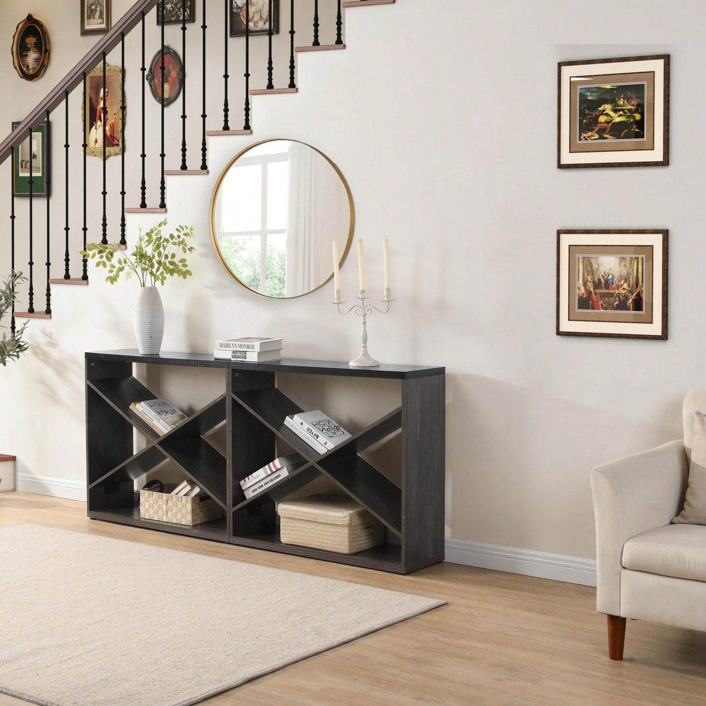 Extra Long X Shape Farmhouse Console Table With Storage For Entryway Living Room Foyer Hallway Black 70.87 Inch