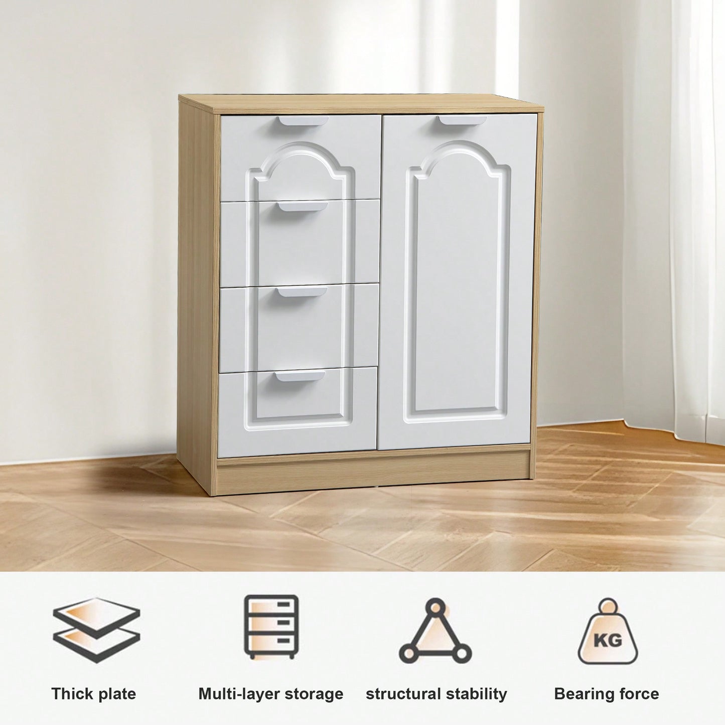 Large Freestanding Storage Cabinet With Adjustable Shelf And Removable Drawers For Entryway Living Room Kitchen White And Wood Finish