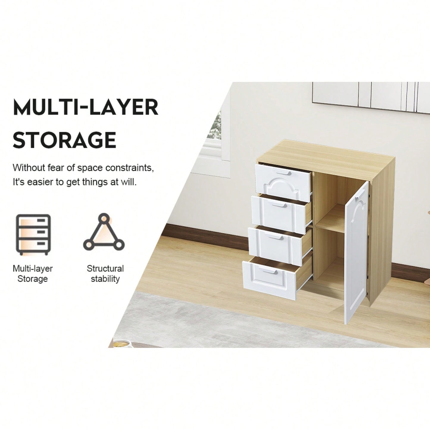 Large Freestanding Storage Cabinet With Adjustable Shelf And Removable Drawers For Entryway Living Room Kitchen White And Wood Finish