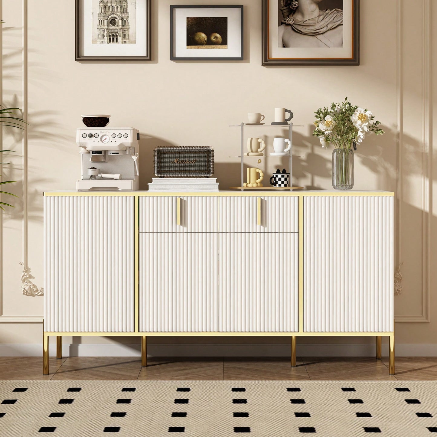 Modern White Sideboard Buffet Cabinet With Four Doors And Two Drawers For Living Room Kitchen Dining Room Hallway Storage Solutions