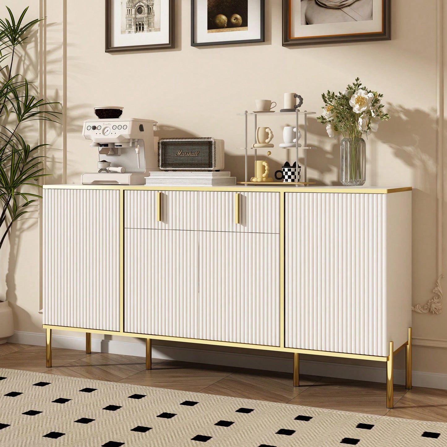 Modern White Sideboard Buffet Cabinet With Four Doors And Two Drawers For Living Room Kitchen Dining Room Hallway Storage Solutions