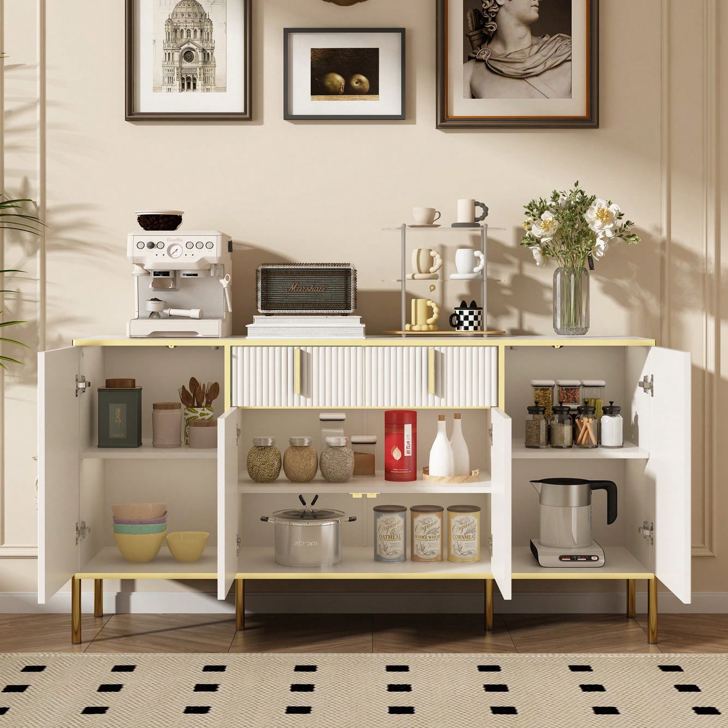 Modern White Sideboard Buffet Cabinet With Four Doors And Two Drawers For Living Room Kitchen Dining Room Hallway Storage Solutions