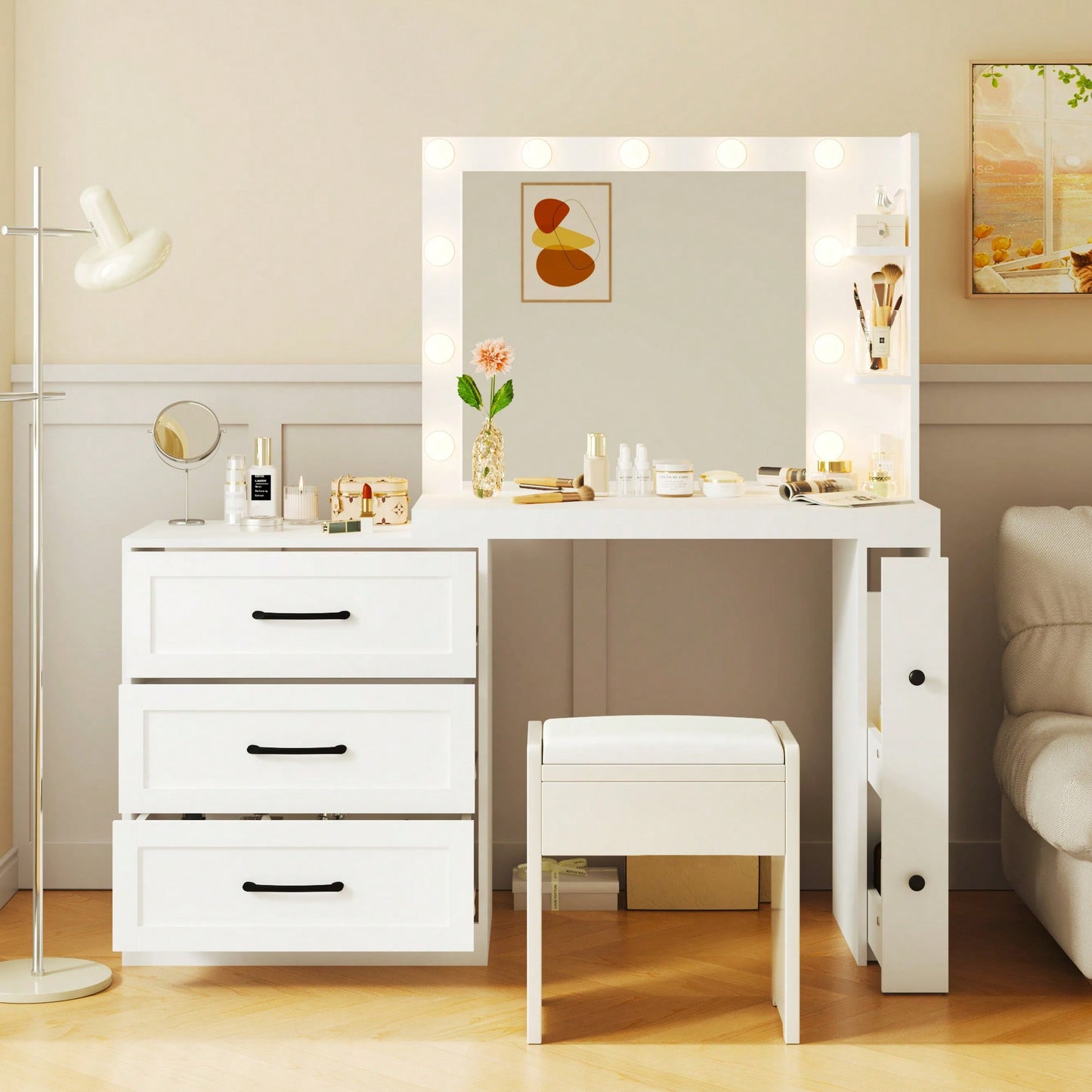 Modern 55.2 Inch Makeup Vanity Desk With Adjustable Side Cabinet Lights 5 Storage Drawers And 2 Shelves White Dressing Table