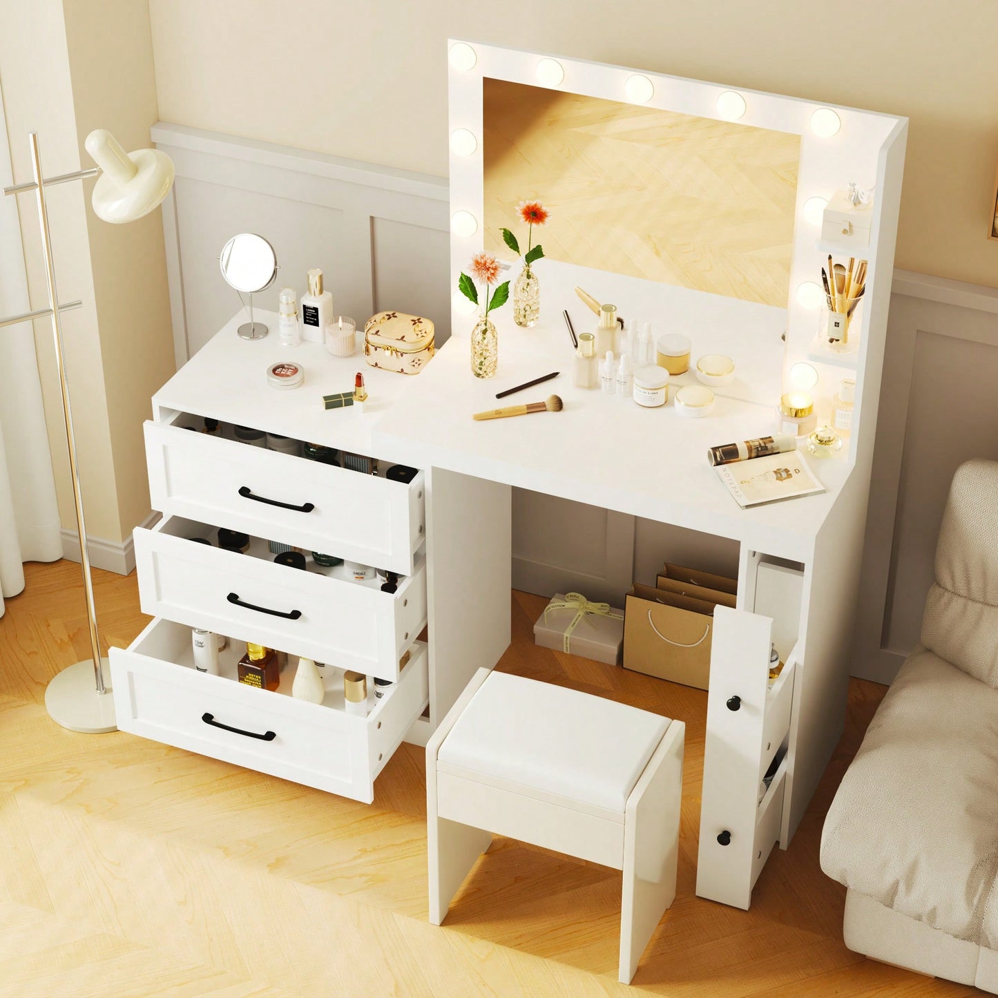 Modern 55.2 Inch Makeup Vanity Desk With Adjustable Side Cabinet Lights 5 Storage Drawers And 2 Shelves White Dressing Table