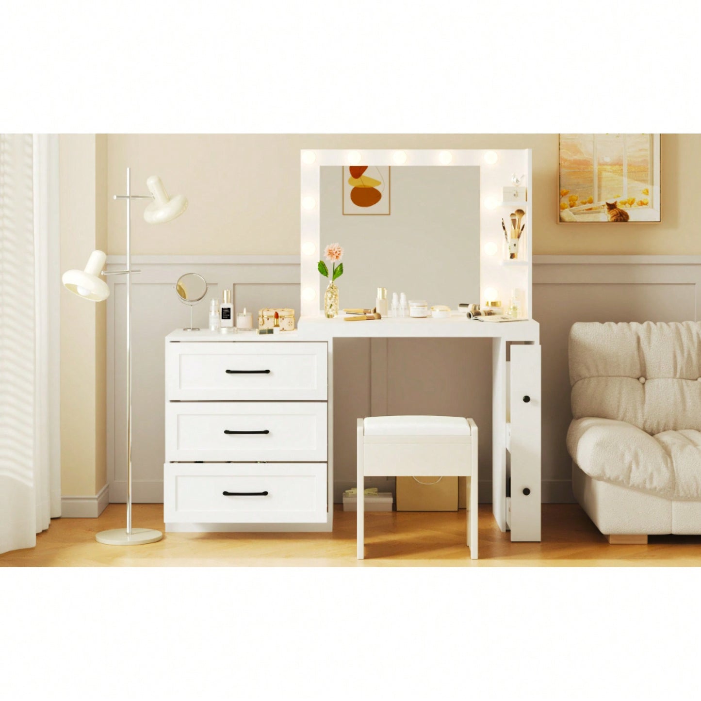 Modern 55.2 Inch Makeup Vanity Desk With Adjustable Side Cabinet Lights 5 Storage Drawers And 2 Shelves White Dressing Table