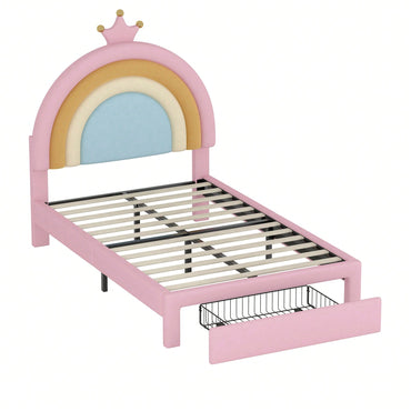 Colorful Velvet Twin Size Upholstered Rainbow Platform Bed With Storage Drawer No Box Spring Needed Pink Princess Design