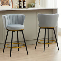 360° Swivel Upholstered Counter Height Bar Stools Set Of 2 With Backs Metal Legs Velvet Fabric And Gold Footrest 26 Inch Seat Height