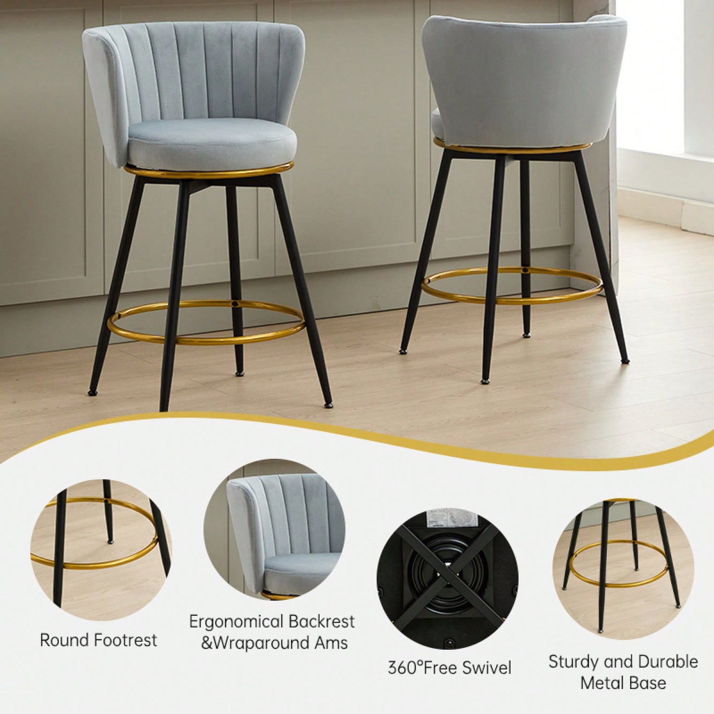 360° Swivel Upholstered Counter Height Bar Stools Set Of 2 With Backs Metal Legs Velvet Fabric And Gold Footrest 26 Inch Seat Height