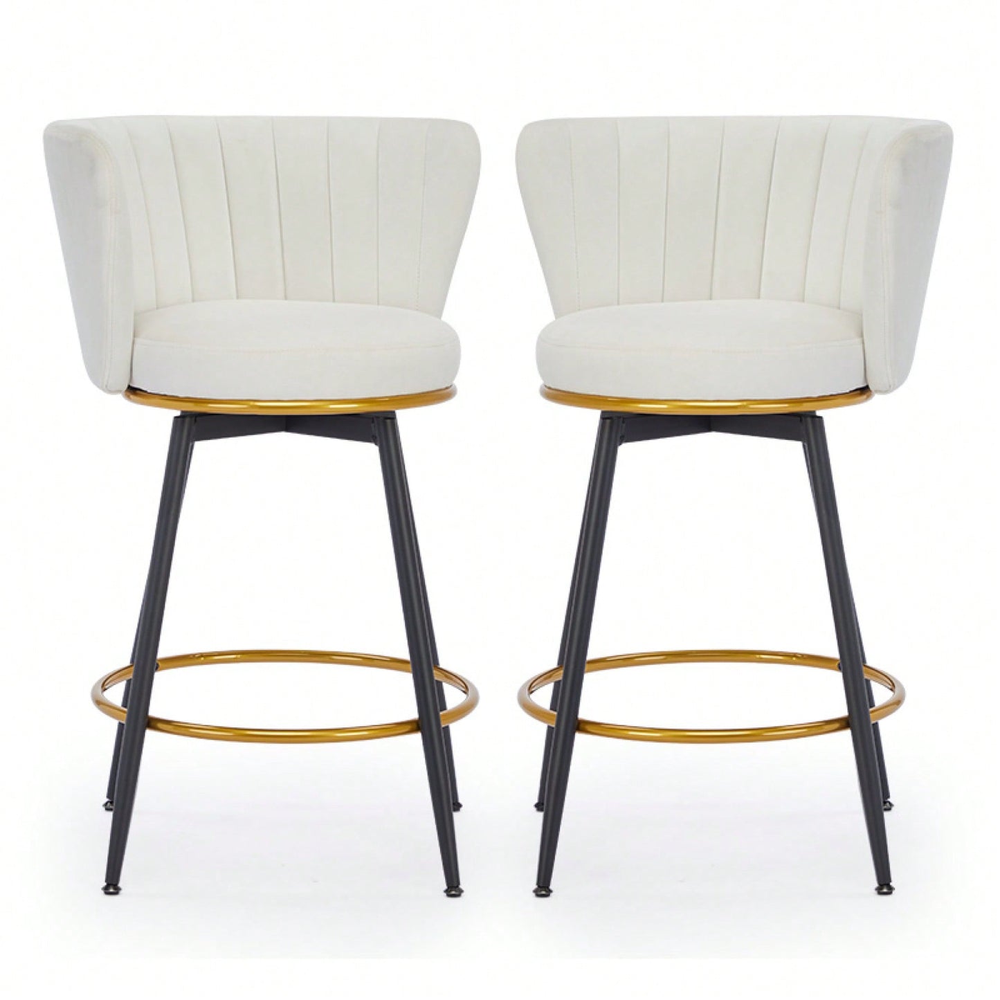 360° Swivel Upholstered Counter Height Bar Stools Set Of 2 With Backs Metal Legs Velvet Fabric And Gold Footrest 26 Inch Seat Height