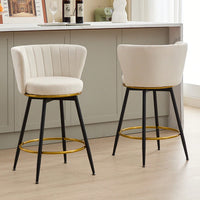 360° Swivel Upholstered Counter Height Bar Stools Set Of 2 With Backs Metal Legs Velvet Fabric And Gold Footrest 26 Inch Seat Height