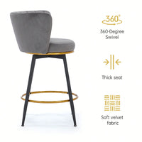 360° Swivel Upholstered Counter Height Bar Stools Set Of 2 With Backs Metal Legs Velvet Fabric And Gold Footrest 26 Inch Seat Height