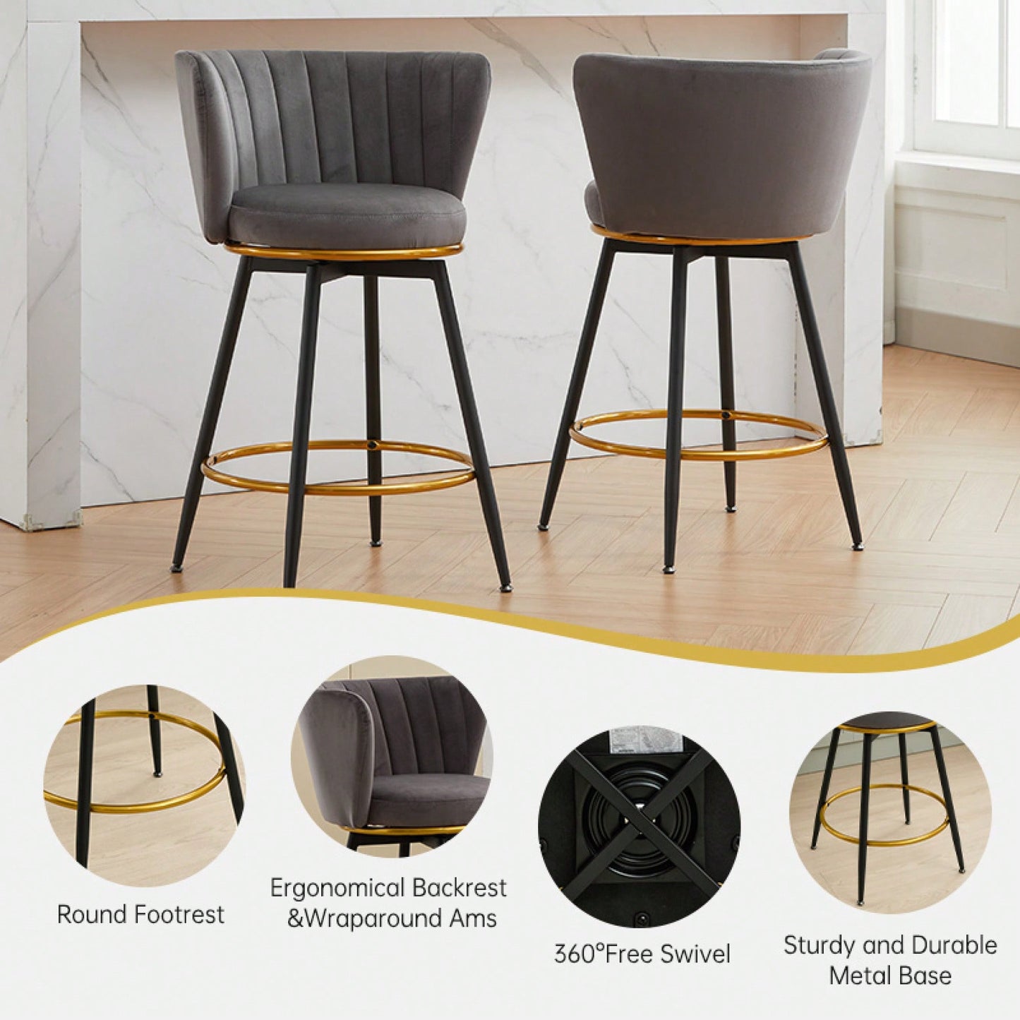 360° Swivel Upholstered Counter Height Bar Stools Set Of 2 With Backs Metal Legs Velvet Fabric And Gold Footrest 26 Inch Seat Height