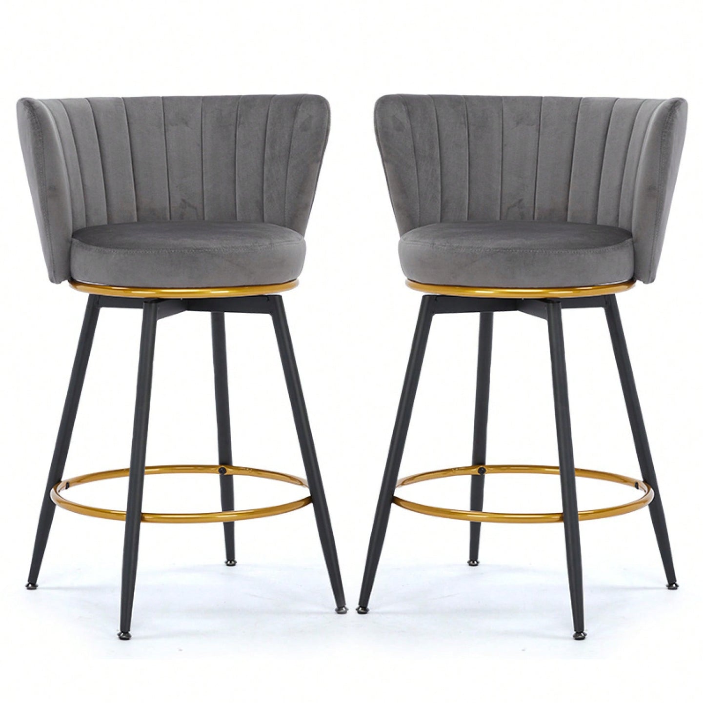 360° Swivel Upholstered Counter Height Bar Stools Set Of 2 With Backs Metal Legs Velvet Fabric And Gold Footrest 26 Inch Seat Height